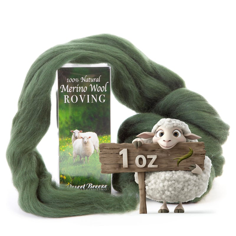 Desert Breeze Distributing 100% Natural Merino Wool Roving - Premium Combed Top Merino Roving Wool - Tapestry, Spinning, Wet Felting & Needle Felting Supplies - 21.5 Micron - 1 oz, Color Bottle Green - Image 1